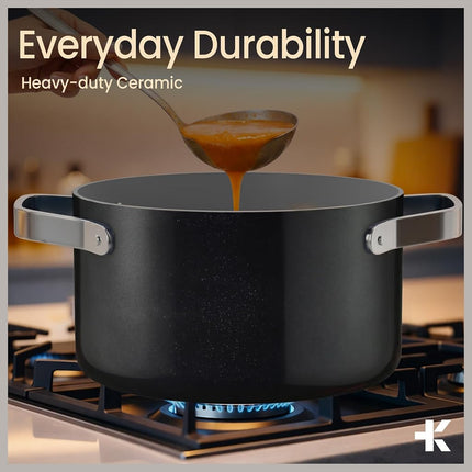 Black 16 Quart Aluminum Stock Pot with Lid, Nonstick Ceramic Coated Boiling Pot, PTFE & PFAS Free, Oven Safe to 500°F, Riveted Stainless Steel Handles, Tempered Glass Lid, All Stove Compatible