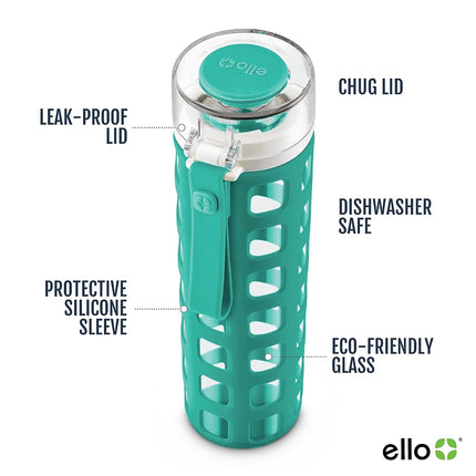 Bouteille d'eau en verre Ello Syndicate avec couvercle rabattable à une touche, menthe, 590 ml