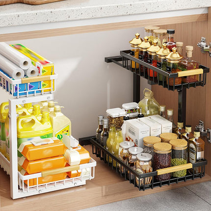 Under Sink Organizer, Under Kitchen Sink Organizers and Storage Basket, Slide Out 2 Tier Metal Shelf, Carbon Steel Pantry Cabinet Organizer for Bathroom Kitchen