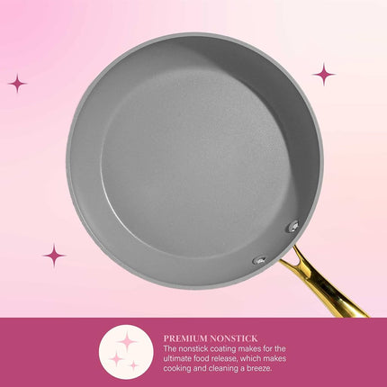 Paris Hilton Iconic Nonstick Pots and Pans Set, Multi-Layer Nonstick Coating, Matching Lids with Gold Handles, Made Without PFOA, Dishwasher Safe Cookware Set, 10-Piece, Pink