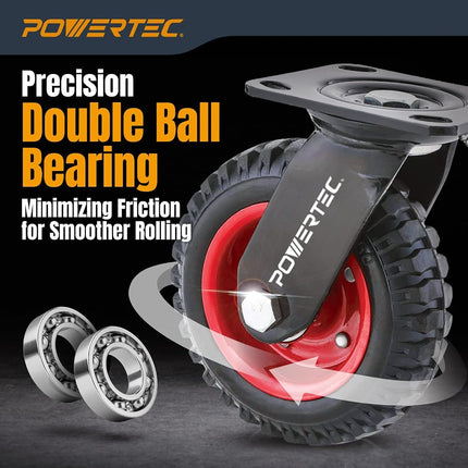 POWERTEC 6 Inch Caster Wheels Set of 8, Heavy Duty Swivel Plate Casters with Rubber Knobby Tread for Workbench, Dolly, Cart, Trolley, Wagon and Chicken Coop, Large Rubber Castor Wheels (17050-P8)