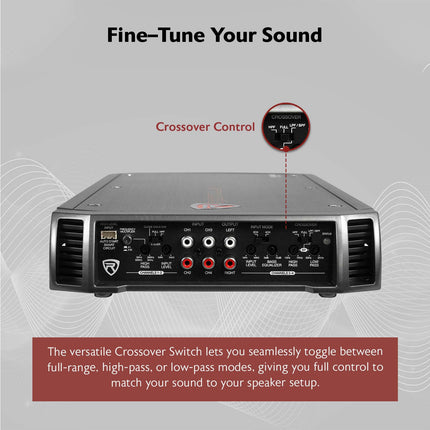 Amplificador estéreo de coche Rockville RXA-F2 de 2400 vatios de pico / 1200w RMS y 4 canales