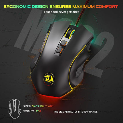 Redragon M602 Gaming Mouse, Ergonomic RGB Gaming Mouse Wired with 9 Programmable Buttons, 7200 DPI Adjustable, 7 Backlit Modes, Professional Optical Gamer Mouse for Gamer Office, Black