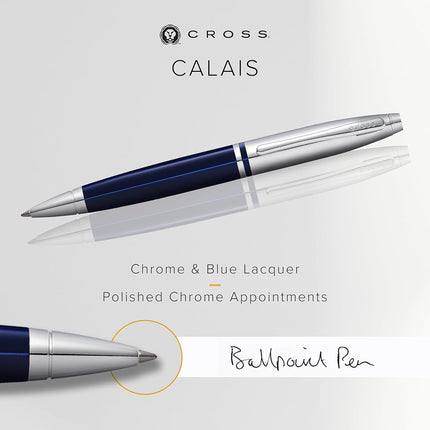 CROSS Calais Ballpoint Pen in Chrome and Blue Lacquer incl. Premium Gift Box – Refillable Medium Ballpen