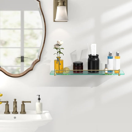 KOCOK 20 Inches Glass Shelves for Bathroom, Brushed Gold Floating Glass Shelf Stainless Steel Tempered Glass Bathroom Shelves for Wall Mount Modern