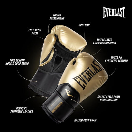 Everlast Elite 2 16oz Boxing Gloves, Gold/Black Boxing Gloves for Bags, Mitt Work & Sparring, Hook and Loop Strap, Ergonomic Grip Bar, Split-Style Foam Combination - Authentic Everlast Gear
