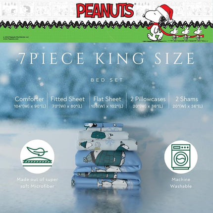 Franco Collectibles Peanuts Snoopy Puffer Holiday & Christmas Bedding Super Soft Comforter and Sheet Set with Sham, 7 Piece King Size (Officially Licensed Product)