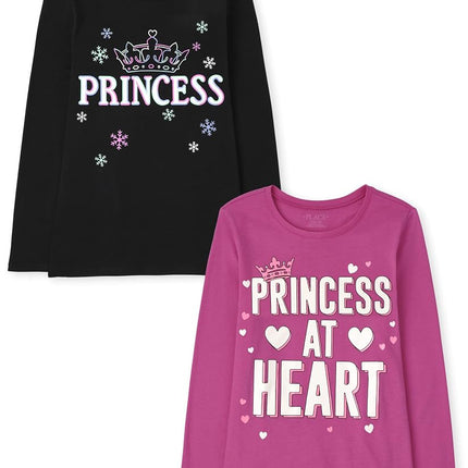 The Children's Place Girls' Assorted Everyday Long Sleeve Graphic T-Shirts, Multipack, Princess/Princess at Heart, Small