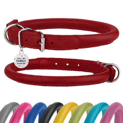 BronzeDog Rolled Leather Dog Collar Round Rope Pet Collars for Small Medium Large Dogs Puppy Cat Red Pink Blue Teal Brown Rose Green (Neck Size 12'' - 14'', Red)