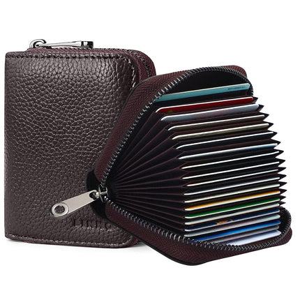 Linno RFID Cartera de piel auténtica con 20 ranuras para tarjetas de crédito, pequeña, para mujer u hombre, con cremallera, color café, tarjetero de acordeón moderno