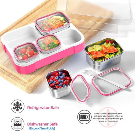 DaCool Stainless Steel Lunch Box Bento for Kids Adults Leakproof BPA-Free Metal Lunch Containers Tray 5-Compartment with Fork for Girls Food Snack Containers for School Outdoors, Pink