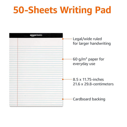 Amazon Basics Legal/Wide Ruled 21.6 cm by 29.8 cm Legal Pad, White (50 Sheet Paper Pads, 12-Pack)