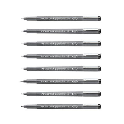 Pack de delineadores de pigmento STAEDTLER, negro, 8 bolígrafos, anchos de línea surtidos, 0,05 mm, 0,1 mm, 0,2 mm, 0,3 mm, 0,5 mm, 0,8 mm, 1,0 mm, 1,2 mm