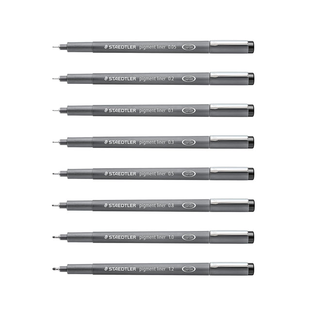 STAEDTLER Pigment Liner Pack, Black, 8 Pens, Assorted Line Widths, 0.05mm, 0.1mm, 0.2mm, 0.3mm, 0.5mm, 0.8mm, 1.0mm, 1.2mm