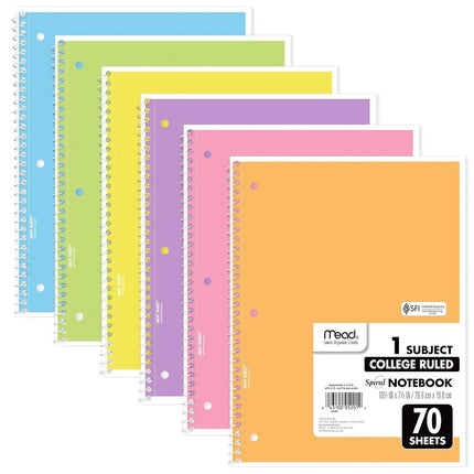 Mead Spiral Notebooks, 6 Pack, 1-Subject, College 
