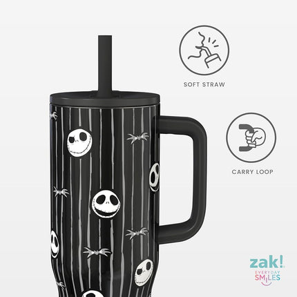 Zak Designs Disney Tim Burton's The Nightmare Before Christmas Sutton Travel Tumbler for On The Go, 30oz Stainless Steel with Vacuum Insulation and Silicone Straw for Cold Drinks (Jack Skellington)