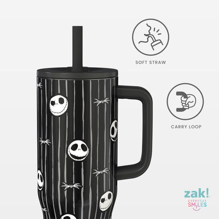 Vaso de viaje Sutton de Zak Designs de Disney Tim Burton's The Nightmare Before Christmas para llevar, acero inoxidable de 30 oz con aislamiento al vacío y pajita de silicona para bebidas frías (Jack Skellington)