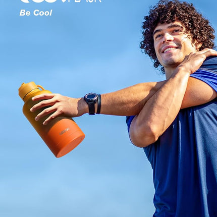 Water Bottle 40 oz Insulated with Straw&Brush, Coolflask Vaccum Stainless Steel Metal 3 Lids Water Flask for Sports, Gym or Office, Keep Cold 48H Hot 24H, Ombre Yellow/Orange