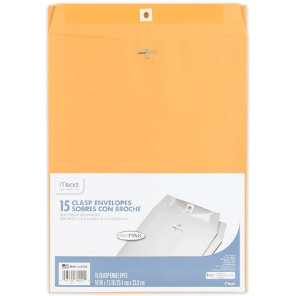 Mead Clasp Envelopes, Mailing Envelopes, 10” x 13” Manila Envelopes with Clasp Closure, Legal Size, Brown Kraft Paper Mailer for Filing, Shipping, Home Office, Business, School, 15 Pack (76022)