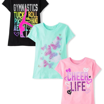 The Children's Place Girls' Gymnastics,Cheer,Dance Short Sleeve Graphic T-Shirts,multipacks, Gymnastics/Cheer/Butterflies 3-Pack, X-Small