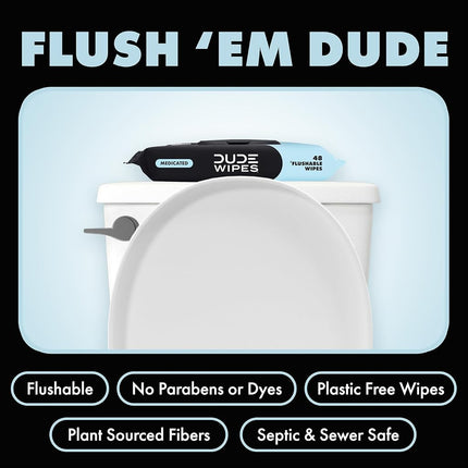 DUDE Wipes Medicated Flushable Wipes, Fragrance Free Wet Wipes with Witch Hazel, Vitamin E & Aloe, 48 Count