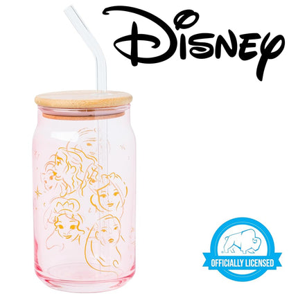 Silver Buffalo Disney Princess Glass Tumbler with Bamboo Lid and Glass Straw Featuring Pocahontas, Tiana, Snow White, Ariel, Belle, Jasmine, Rapunzal, Cinderella, and Moana, 16 Ounces