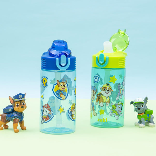 Zak Designs PAW Patrol Kids Water Bottle for School or Travel, 16oz Durable Plastic Water Bottle with Straw, Handle, and Leak-Proof, Pop-Up Spout Cover, 2-Pack Set (Chase & Friends)