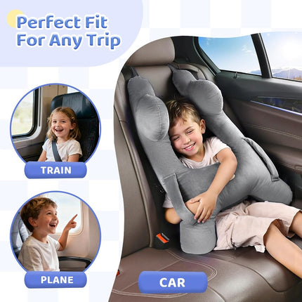 Almohada de viaje para niños FLORICH, almohada de viaje para dormir en coche para niños, almohada lavable en forma de H para adultos y niños para apoyar la cabeza y el cuerpo en viajes por carretera (gris)