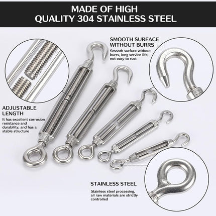 High-PQ Stainless Steel Turnbuckle Tensioner, Heavy Duty Turnbuckles, Hook and Eye Turnbuckle for Cable Tent Installation Sun Shade Gardening Decoration（M8,6PCS）