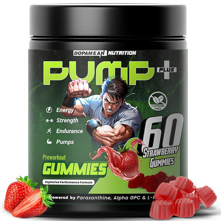 PUMP Pre Workout Gummies - Non-Stim, Caffeine-Free Energy & Focus Formula with Creatine, Paraxanthine, Beta-Alanine & Alpha GPC - Strawberry, 60 Gummies (30 Servings) - Vegan Pre-Workout Supplement for Men & Women