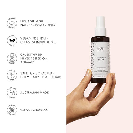 BondiBoost Heat Protectant Spray 4.23 fl oz - Thermal Hair Protection from Heat Styling - Light Weight Formula - Sulfate + Paraben Free, for Women + Men - Vegan/Cruelty-Free - Australian Made