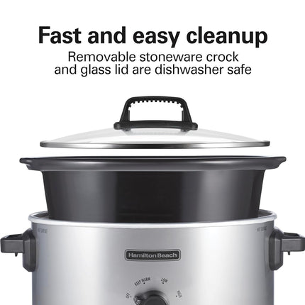 Hamilton Beach Slow Cooker, 6 Quart (5.7 L), Silver, 3 Heat Settings, Dishwasher Safe Stoneware Crock and Glass Lid, Serves 7+, Model 33665G