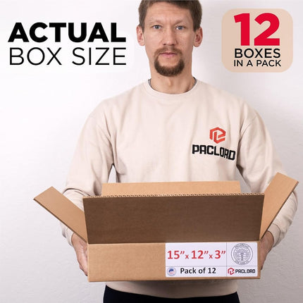 Paclord 12 Pack Flat Cardboard Boxes 15" L x 12" W x 3" H - USA Made Packaging Boxes for Moving, Shipping or Storage - USPS, UPS, FedEx Approved