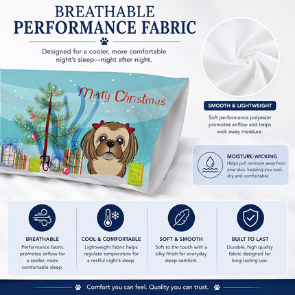 Caroline's Treasures BB1621PILLOWCASE Christmas Tree And Chocolate Brown Shih Tzu Fabric Standard Pillowcase, Large, Multicolor