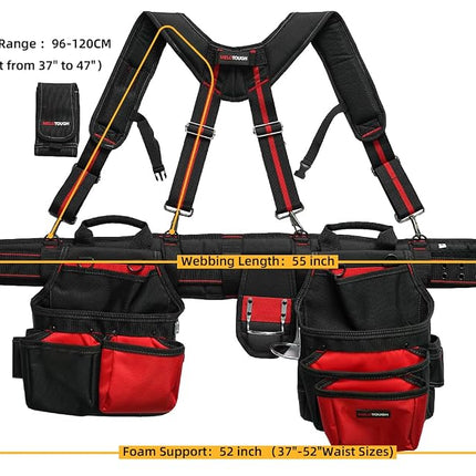 MELOTOUGH Tool Belt with Suspenders Braces Pro Framer Combo System-Magnetic Tool Pouch Build Heavy Duty Carpenter Tool Belt and Multi Function Tool Belt Suspenders（Red)