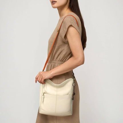 The Sak Lucia Crossbody Bag in Leather, Convertible Purse with Adjustable Strap, Stone, Medium
