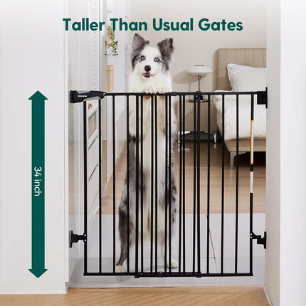Babelio 34" Tall Auto Close Baby/Dog Gate for Stairs, 2-in-1 Extra-Wide Walk Thru Child Gate, with No Threshold Design, Black