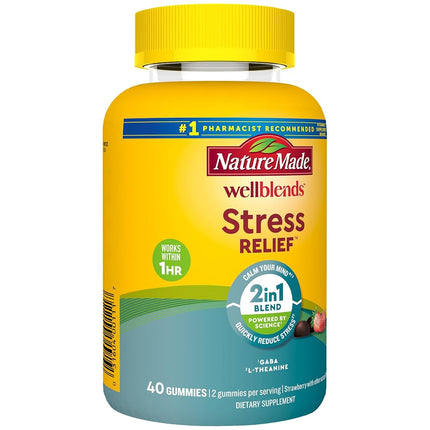 Nature Made Wellblends Stress Relief Gummies, L-theanine to help reduce stress, with GABA, Same Day Stress Support, 40 Strawberry Flavor Gummies