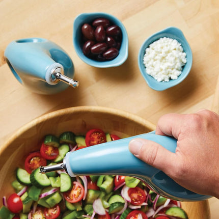 Rachael Ray Serveware Ceramics EVOO and Ramekin Dipper Set, 4 Piece, Agave Blue