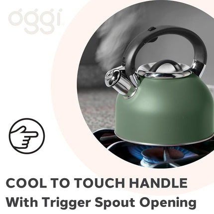 Oggi Stainless Steel Stovetop Tea Kettle - 64oz / 1.9lt, Sage, Loud Crescendo Whistle, Trigger Spout Cover