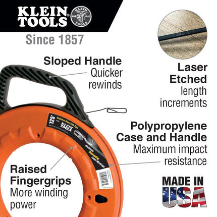 Fish Tape, 38 m, Great for Long Runs and Heavy Duty Wire Pulls, Laser Etched for Conduit Measuring Klein Tools 56003, Orange