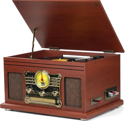 FEKTIK 10 in 1 Bluetooth Record Player, 3-Speed Turntable for Vinyl with Speakers, LP to MP3 Converter, CD, Cassette Player, FM Radio, Wireless Streaming | Mahogany