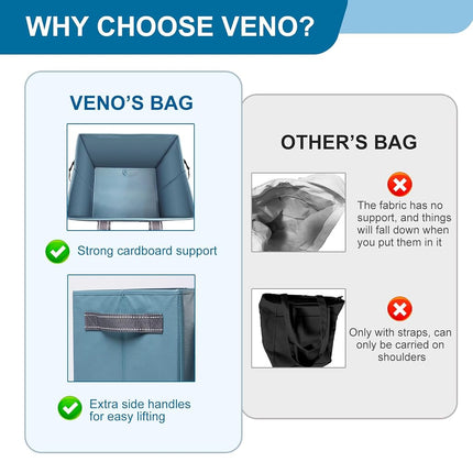 VENO 2 Pack Reusable Grocery Bags, Shopping Bags for groceries, Extra Large Utility Tote with Handles and Hard Bottom, Foldable Cart Organizer, Multi-Purpose, Heavy-Duty (Light Blue, 2 Pack)