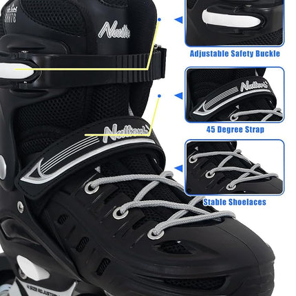 Black Inline Skates for Men Youth Boys, 4 Sizes Adjustable Blades Roller Skates with Ankle Support, Adjustable Strap, 84mm Wheels and Soft Boot Fit for Skating, Roller Derby, Street Hockey