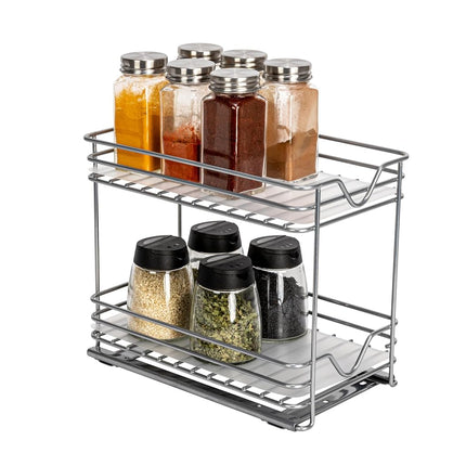 Household Essentials Glidez Paint-Finished Steel Pull-Out/Slide-Out Storage Organizer with Plastic Liner for Spice Rack Use - 2 -Tier Design - Fits Standard Size Cabinet or Shelf, Brushed Silver