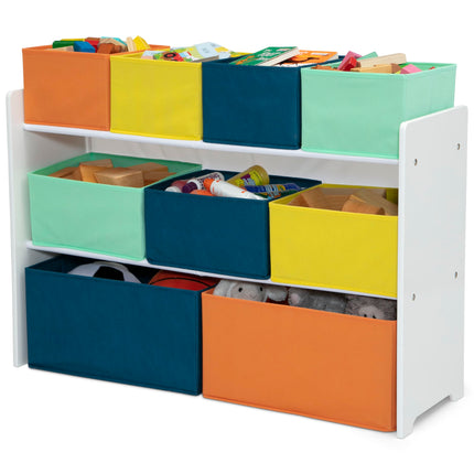 Organisateur de jouets Delta Children Deluxe Multi-Bin avec bacs de rangement – Certifié Greenguard Gold, Blanc avec bacs Marine/Vert/Pastel