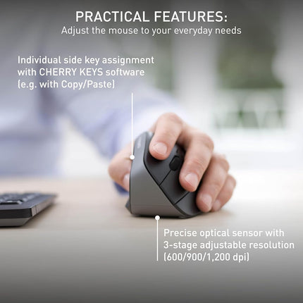 CHERRY MW 4500 LEFT, Ergonomic Vertical Mouse for Left-Handers, Wireless (2.4 GHz RF), 3-Stage Adjustable Resolution up to 1200 Dpi, Battery-Powered, Black