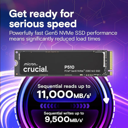 Crucial P510 1TB SSD NVMe M.2 PCIe 5.0 x4 Gen5, Read/Write Speeds up to 11,000/9,500 MB/s, Laptop & Desktop (PC) Compatible, Solid State Drive - CT1000P510SSD8-01