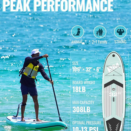 BEYOND MARINA Inflatable Paddle Board Stand Up Paddle Board, 320 x 81 x 15 cm Featherlight Sup Board for Youth & Adult, Premium Double Action Pump, Backpack, Fiberglass Paddle, Leash, Golf Mint Green