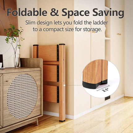 SOLADDER 3 Step Ladder, Folding Step Stool with Anti-Slip Wide Sturdy Pedal, Multi-Use for Home and Kitchen Use, Space Saving-Woodgrain(300 lbs Capacity)